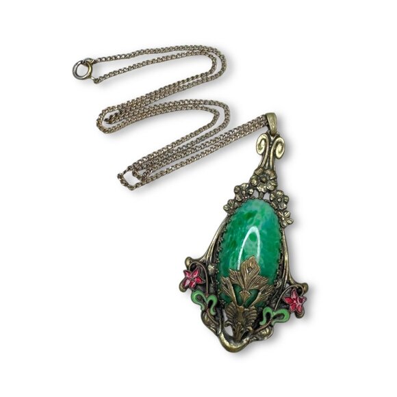Art Nouveau Czech Peking Glass Pendant Necklace Brass Enamel Gold Filled - Picture 6 of 8